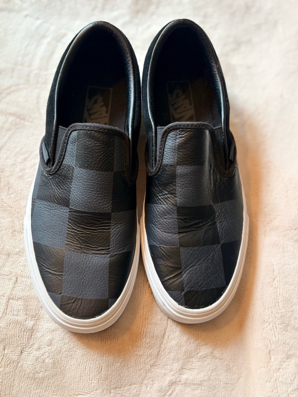 NWOB Men’s Vans Oversized Checkerboard Classic Slip-Ons in Black Leather & Suede